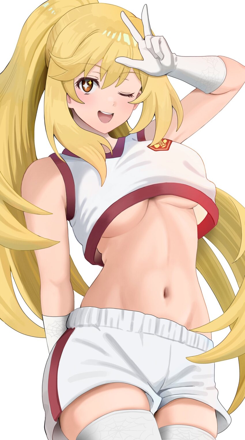 1girl ;d alternate_hairstyle bare_shoulders blush breasts brown_eyes commentary_request cowboy_shot elbow_gloves emblem gloves gym_shirt gym_shorts gym_uniform hand_up highres large_breasts long_hair looking_at_viewer navel omio one_eye_closed open_mouth orange_eyes ponytail red_trim school_emblem shirt shokuhou_misaki short_shorts shorts simple_background sleeveless sleeveless_shirt smile solo sparkling_eyes spider_web_print standing stomach teeth thighhighs toaru_kagaku_no_railgun toaru_kagaku_no_railgun_t toaru_majutsu_no_index tokiwadai_school_gym_uniform underboob upper_teeth_only very_long_hair w white_background white_gloves white_shirt white_shorts white_thighhighs