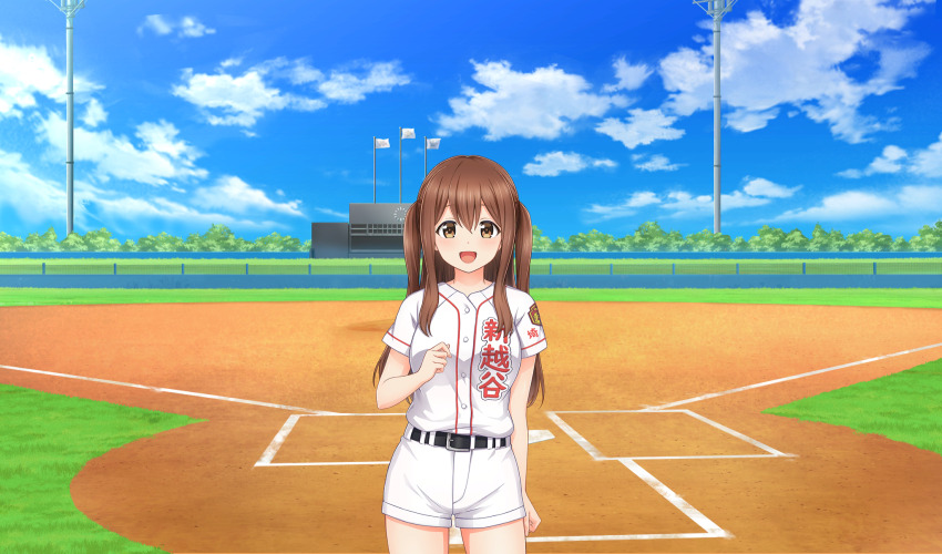 1girl :d arm_at_side baseball_stadium baseball_uniform belt belt_buckle black_belt blue_sky brown_eyes brown_hair buckle cinderella_series cloud flag game_cg hachigatsu_no_cinderella_nine highres long_hair looking_at_viewer non-web_source official_art open_mouth outdoors scoreboard shirt short_sleeves shorts sidelocks sky smile solo sportswear standing takeda_yomi tamayomi two_side_up white_shirt white_shorts