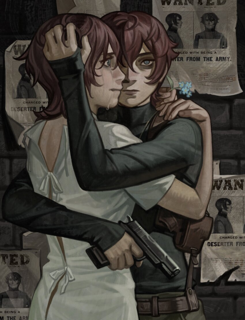 2girls absurdres arm_around_back arm_around_neck bag bags_under_eyes belt blue_eyes brick_wall brown_hair clone constricted_pupils crying crying_with_eyes_open double-parted_bangs dress dual_persona english_text flower forget-me-not_(flower) gun hair_between_eyes hand_on_another&#039;s_head hand_on_another&#039;s_shoulder handgun highres holding holding_flower holding_gun holding_weapon hug looking_at_viewer multiple_girls original photo_(object) short_hair shoulder_bag silverheather tears upper_body wanted_poster weapon white_dress