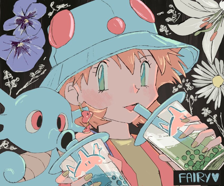 1girl :d black_background blue_flower blush bubble_tea character_name corsola cup disposable_cup drink drinking drinking_straw drinking_straw_in_mouth earrings eyelashes fairybees flower gen_1_pokemon gen_2_pokemon gen_3_pokemon green_eyes green_shirt hands_up hat holding holding_cup holding_drink horsea jacket jewelry looking_at_viewer luvdisc misty_(pokemon) nail_polish nintendo open_clothes open_jacket open_mouth orange_hair pokemon pokemon_(anime) pokemon_(classic_anime) pokemon_(creature) purple_flower red_eyes shirt short_hair sleeveless smile upper_body vest white_flower yellow_shirt