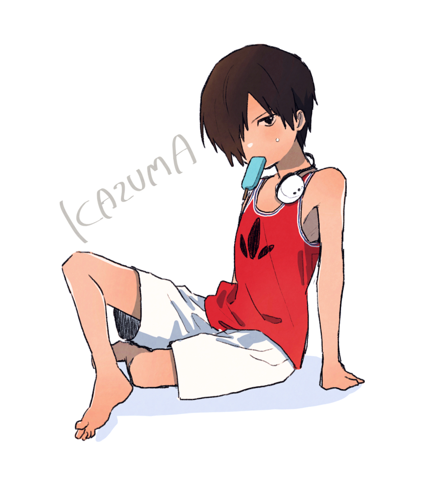 1boy bare_arms bare_shoulders barefoot black_eyes black_hair cargo_shorts character_name crossed_legs food food_in_mouth full_body hair_over_one_eye hands_on_ground headphones headphones_around_neck highres hot ikezawa_kazuma knees_up kouhara_yuyu light_blush looking_at_viewer male_focus popsicle popsicle_in_mouth red_tank_top shadow short_hair shorts simple_background solo summer_wars sweatdrop tan tank_top toes white_background white_headphones white_shorts