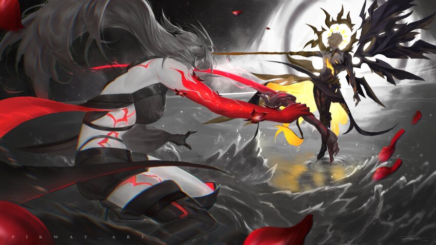 1boy 1girl absurdres acheron_(honkai:_star_rail) alternate_form artist_name asymmetrical_wings black_boots black_shorts black_sky blonde_hair body_markings boots clawed_gauntlets colored_extremities commentary cracked_skin duel english_commentary english_text fighting_stance floating_hair grey_hair hair_between_eyes halo halo_behind_head highres holding holding_sword holding_weapon honkai:_star_rail honkai_(series) katana long_hair looking_at_another mixed-sex_combat multiple_wings official_alternate_color phainon_(honkai:_star_rail) phainon_(khaslana)_(honkai:_star_rail) pikwat red_hands ripples short_hair shorts sky splashing standing standing_on_liquid sword water weapon wings yellow_eyes