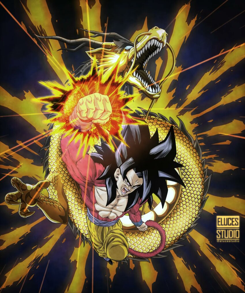 1boy black_hair blue_sash body_fur charging_forward clenched_hands dougi dragon dragon_ball dragon_ball_gt dragon_fist_(dragon_ball) eastern_dragon elucestudio gold_skin highres incoming_attack long_hair looking_at_viewer male_focus monkey_boy monkey_tail muscular muscular_male open_mouth pants pectorals punching red_fur saiyan sash solo son_goku spiked_hair super_saiyan super_saiyan_4 tail teeth wristband yellow_eyes yellow_pants yellow_scales
