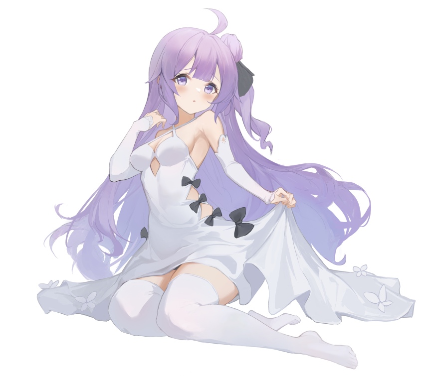 1girl absurdres ahoge azur_lane blush breasts cleavage commentary criss-cross_halter dress elbow_gloves full_body gloves halterneck hand_up highres long_hair looking_at_viewer no_shoes parted_lips purple_eyes purple_hair simple_background skirt_hold small_breasts solo thighhighs unicorn_(azur_lane) white_background white_dress white_gloves white_thighhighs zi_zz