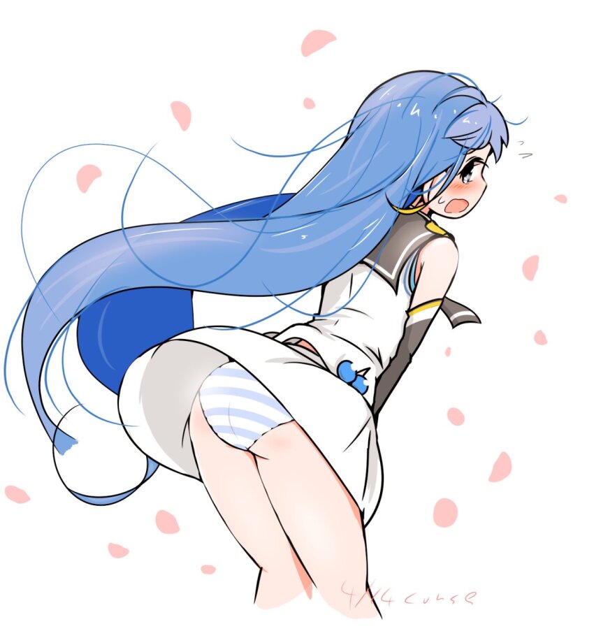 1girl ass black_neckerchief black_sailor_collar blue_eyes blue_hair blush clothes_lift curse_(023) elbow_gloves feet_out_of_frame from_behind gloves highres kantai_collection long_hair looking_at_viewer looking_back neckerchief nose_blush open_mouth panties petals sailor_collar samidare_(kancolle) shirt skirt skirt_lift sleeveless sleeveless_shirt solo striped_clothes striped_panties swept_bangs underwear very_long_hair white_background white_shirt white_skirt wind wind_lift