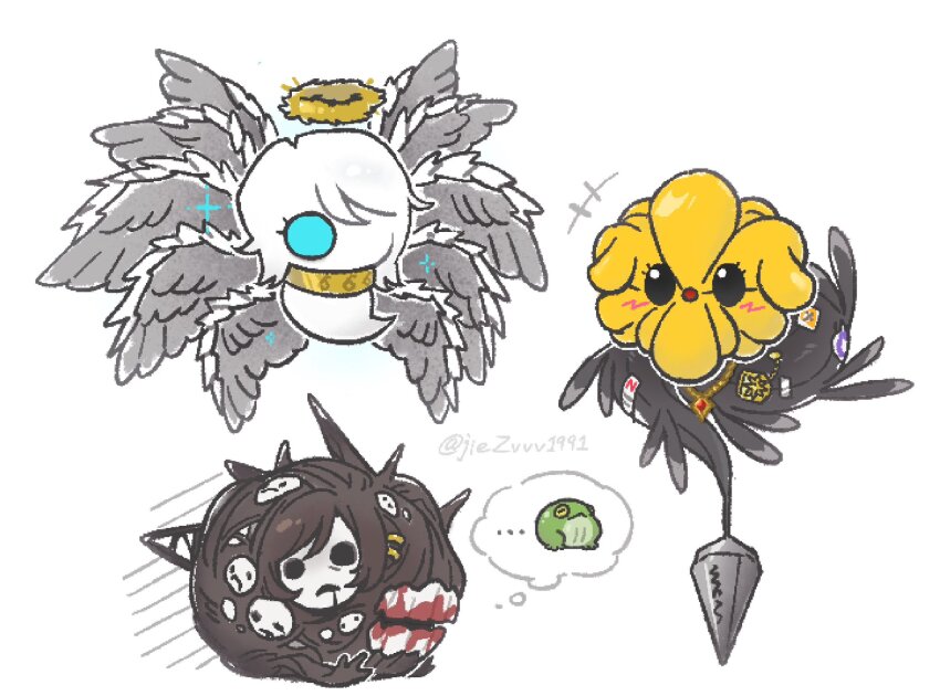 blue_eyes brown_hair don_quixote_(project_moon) faust_(project_moon) flower halo highres lance limbus_company lobotomy_corporation monsterification mountain_of_smiling_bodies multiple_wings no_humans ohzv open_mouth outis_(project_moon) polearm porccubus project_moon seraph short_hair simple_background weapon white_background white_hair white_mask white_wings whitenight_(project_moon) wings yellow_flower