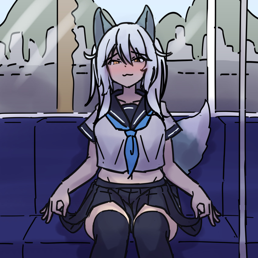 1girl :3 animal_ears black_sailor_collar black_skirt black_thighhighs blue_neckerchief blush brown_eyes closed_mouth day feet_out_of_frame fox_ears fox_girl fox_tail grey_hair groin hair_between_eyes highres long_hair looking_at_viewer neckerchief original pleated_skirt ray_co99 sailor_collar school_uniform serafuku shirt short_sleeves sitting skirt skirt_hold solo tail thighhighs train_interior white_shirt