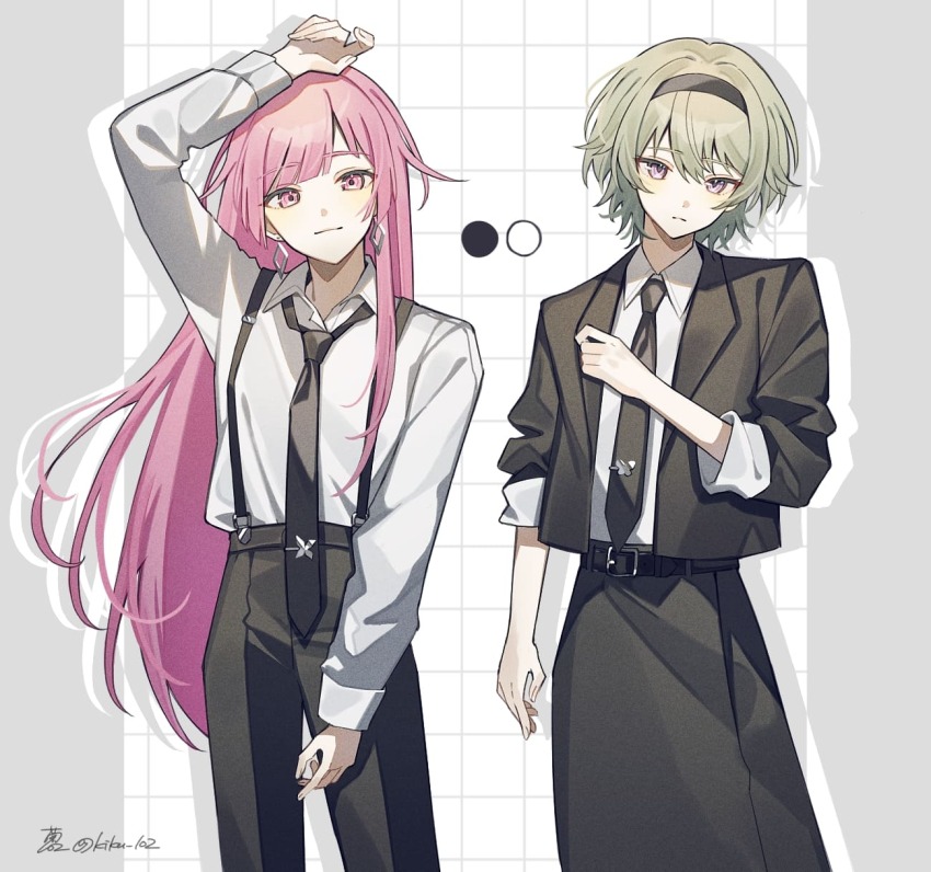 2girls arm_at_side arm_up belt black_belt black_hairband black_jacket black_necktie black_pants black_skirt blunt_bangs candle_no_kaori_wa_omoide_to_tomo_ni_(project_sekai) close_game/offline_(project_sekai) closed_mouth collared_shirt cowboy_shot earrings green_hair grid_background hairband hand_on_own_head hand_up highres jacket jewelry kikutouji kusanagi_nene lapels long_hair long_sleeves looking_at_viewer loose_necktie multiple_girls necktie official_alternate_hair_length official_alternate_hairstyle ootori_emu open_clothes open_jacket pants pink_eyes pink_hair project_sekai purple_eyes shirt short_hair sidelocks skirt sleeves_pushed_up smile suspenders tie_clip twitter_username white_shirt