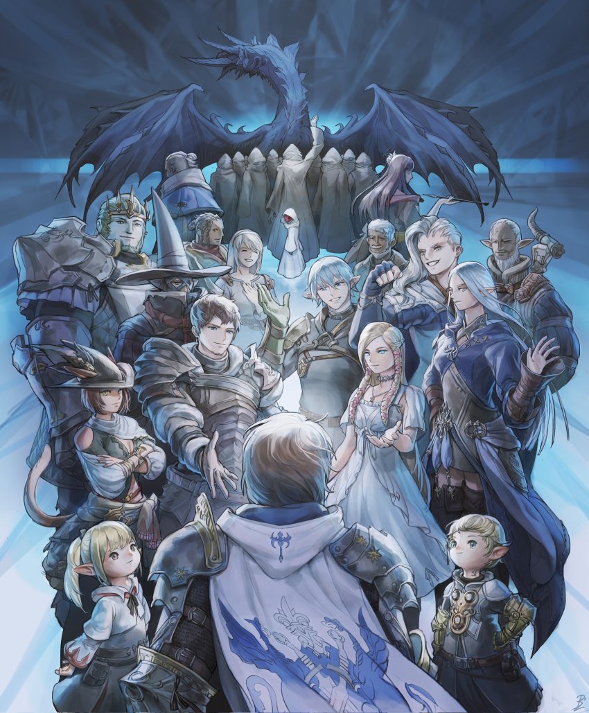 adventurer_(ff14) amaro_(ff14) ardbert_hylfyst armor boiled_egg27 branden_(ff14) cape cloak conrad_kemp elezen elf elidibus emet-selch final_fantasy final_fantasy_xiv from_behind haurchefant_greystone highres hyur ilberd_feare korean_commentary lalafell lamitt looking_at_another louisoix_leveilleur mask minfilia_warde miqo&#039;te moenbryda_wilfsunnwyn nidhogg_(ff14) nyelbert papalymo_totolymo pointy_ears renda-rae smile spoilers square_enix tesleen warrior_of_light_(ff14) yotsuyu_goe_brutus ysayle_dangoulain