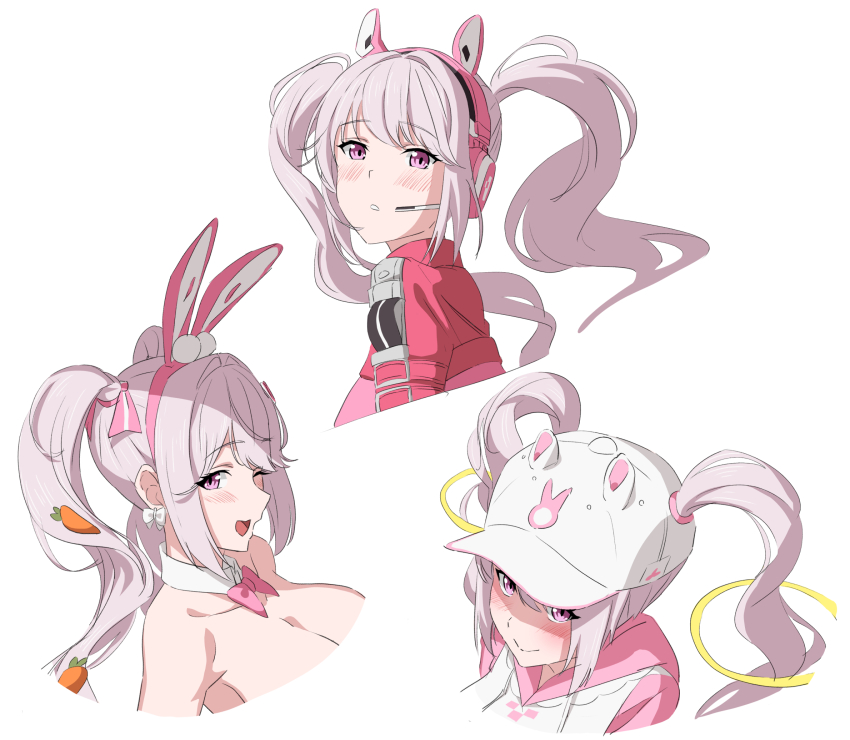 1girl alice_(nikke) alice_(sweet_home)_(nikke) alice_(wonderland_bunny)_(nikke) animal_ear_headphones animal_ear_headwear animal_ears animal_hat animal_print baseball_cap blush bodysuit bow bowtie breasts carrot_hair_ornament cleavage detached_collar fake_animal_ears food-themed_hair_ornament goddess_of_victory:_nikke hair_ornament hair_through_headwear hat hatenoga headphones headset highres hood hood_down hoodie large_breasts latex latex_bodysuit leotard long_hair looking_at_viewer official_alternate_costume one_eye_closed open_mouth pink_bodysuit pink_bow pink_bowtie pink_eyes pink_hoodie pink_sleeves rabbit_hat rabbit_print shrug_(clothing) sidelocks smile solo strapless strapless_leotard twintails two-tone_hoodie
