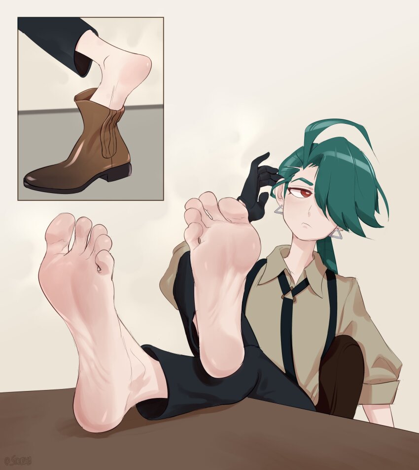 1girl absurdres ahoge androgynous artist_name barefoot black_gloves black_necktie black_pants bright_pupils brown_footwear closed_mouth collared_shirt crossed_legs dorsiflexion earrings feet feet_on_table feet_up foot_focus foreshortening game_freak gloves green_hair hair_over_one_eye highres indoors jewelry light_brown_background long_hair looking_at_viewer multiple_views necktie nintendo pants parted_bangs pokemon pokemon_sv ponytail red_eyes rika_(pokemon) shirt short_sleeves sitting smell soles staerk steaming_body suspenders toes twitter_username white_pupils