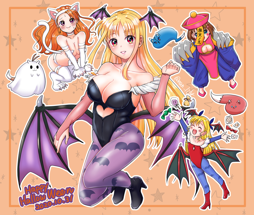 4girls :3 :d all_fours animal_ears animal_hands animal_print arf asymmetrical_bangs bad_id bad_twitter_id bare_shoulders bat_print black_footwear black_leotard blonde_hair blue_pantyhose blue_ribbon blush_stickers boots border breasts brown_hair candy cat_ears cat_tail chinese_clothes claws cleavage clothing_cutout commentary_request cosplay darkstalkers dated demon_girl elbow_gloves english_text fake_animal_ears fate_testarossa felicia_(darkstalkers) felicia_(darkstalkers)_(cosplay) food ghost ghost_costume gloves hair_ornament hair_ribbon hairclip halloween halloween_costume hat head_wings heart_cutout highres hsien-ko hsien-ko_(cosplay) jiangshi_costume kneeling large_breasts leotard lilith_(darkstalkers) lilith_(darkstalkers)_(cosplay) long_hair low_wings lyrical_nanoha mahou_shoujo_lyrical_nanoha_vivid morrigan_aensland morrigan_aensland_(cosplay) multiple_girls nun_(nun_lily) off-shoulder_leotard ofuda open_mouth orange_background orange_border outline outstretched_arms pantyhose paw_gloves paw_shoes print_legwear print_pantyhose purple_pantyhose purple_wings qingdai_guanmao red_eyes red_footwear red_leotard red_wings ribbon short_hair smile standing standing_on_one_leg star_(symbol) star_symbol_background sweatdrop tail takamachi_nanoha talisman thigh_boots twitter_username two_side_up vivio white_footwear white_gloves white_outline wings x_hair_ornament yagami_hayate yuuno_scrya zafira zombie_pose