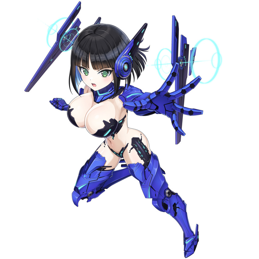 1girl bikini black_bikini black_hair blue_boots blue_gloves blue_hair bob_cut boots breasts cleavage collar colored_inner_hair crosshair_pupils dolphin_wave eines_(dolphin_wave) elbow_gloves fighting_stance floating floating_object game_cg gloves green_eyes highres horns large_breasts looking_at_viewer mechanical_horns multicolored_hair non-web_source official_art ootomo_takuji open_mouth pale_skin short_hair solo swimsuit thigh_boots transparent_background