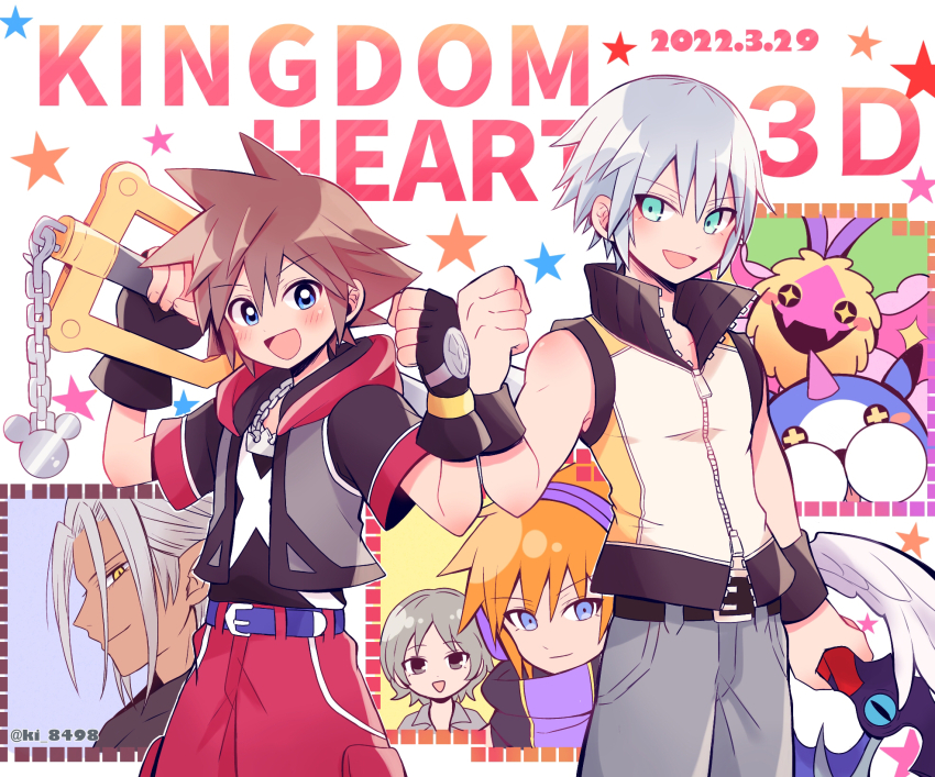 5boys belt black_belt black_gloves black_jacket blue_belt blue_eyes blue_pants blush blush_stickers brown_hair chain chain_necklace clenched_hand commentary_request copyright_name dark-skinned_male dark_skin dated fingerless_gloves gloves green_eyes grey_eyes grey_hair grey_shirt hand_up happy headphones high_collar highres holding holding_weapon hood hood_down hooded_jacket jacket jewelry keyblade kingdom_hearts kingdom_hearts_3d:_dream_drop_distance kiryu_yoshiya koumori_bat multiple_boys necklace open_clothes open_jacket open_mouth orange_hair over_shoulder pants parted_bangs pendant pointy_ears red_pants riku_(kingdom_hearts) sakuraba_neku shirt short_hair smile sora_(kingdom_hearts) spiked_hair star_(symbol) subarashiki_kono_sekai upper_body vest weapon weapon_over_shoulder wondernyan_(kingdom_hearts) xehanort yataba