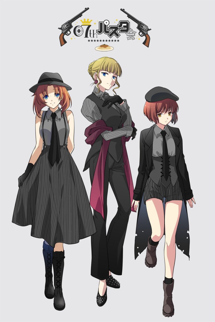 3girls alternate_costume beatrice_(umineko) beret boots ciconia_no_naku_koro_ni company_connection creator_connection earrings fedora food formal_clothes gloves gun handgun hat highres higurashi_no_naku_koro_ni in-franchise_crossover jewelry mafia mitake_miyao multiple_girls necktie official_art pasta plate revolver ryuuguu_rena shoes socks spaghetti suit umineko_no_naku_koro_ni weapon