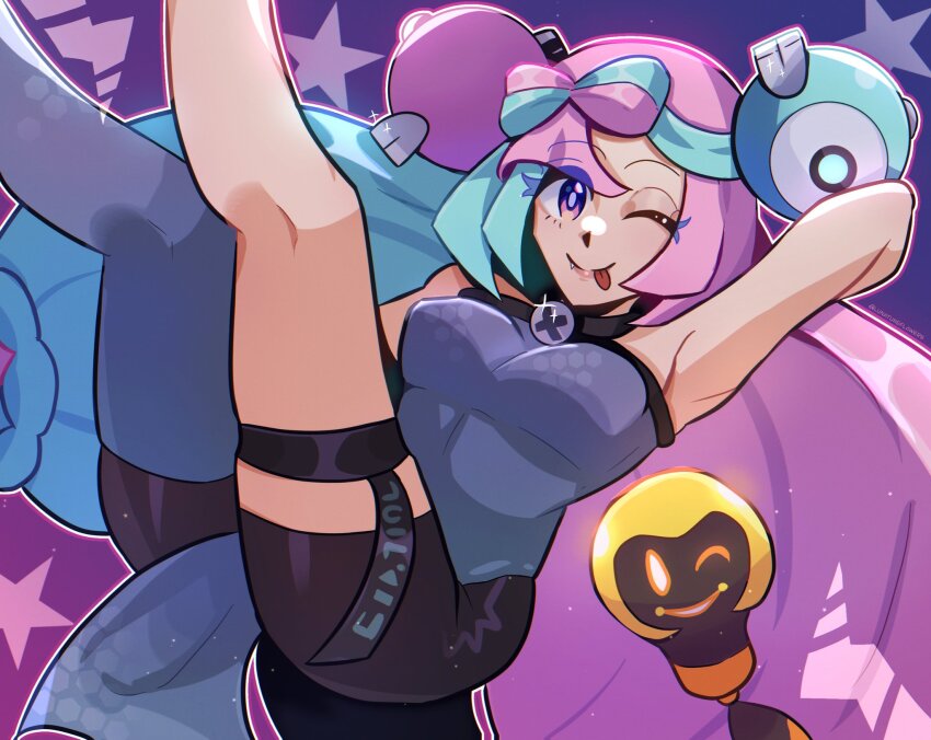 1girl arm_behind_back arm_up black_shorts blue_hair bow-shaped_hair breasts character_hair_ornament gen_1_pokemon hair_ornament hexagon_print highres iono_(pokemon) legs_up long_hair low-tied_long_hair lunatuneflowers magnemite medium_breasts multicolored_hair nintendo no_jacket one_eye_closed pantyhose pink_hair pokemon pokemon_(creature) pokemon_sv shorts single_leg_pantyhose sleeveless smile split-color_hair tadbulb tadpole tongue tongue_out x