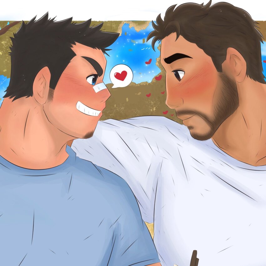 2boys bandaid bandaid_on_face bandaid_on_nose bara beard blush brown_hair coral_island couple dark-skinned_male dark_skin facial_hair farmer_(coral_island) frank_esguerra from_side full_beard goatee heart highres large_pectorals loving_aura male_focus mature_male multiple_boys muscular muscular_male original pectorals profile rafael_(coral_island) shirt short_hair sideburns_stubble spoken_heart stubble t-shirt thick_eyebrows upper_body yaoi