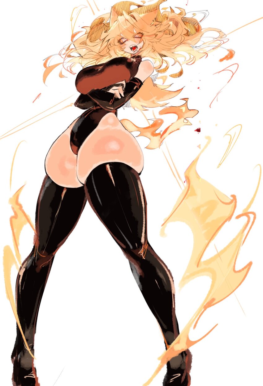 1girl @_@ animal_ears arms_under_breasts bare_hips bare_shoulders black_leotard black_thighhighs blonde_hair breasts crossed_arms fleetway_super_sonic floating_hair gluteal_fold hedgehog_girl highres humanization large_breasts leotard long_hair looking_at_viewer red_eyes sharp_teeth short_tail sonic_(series) sonic_the_comic sonic_the_hedgehog super_sonic tail teeth thick_thighs thighhighs thighs usa37107692 wide_hips