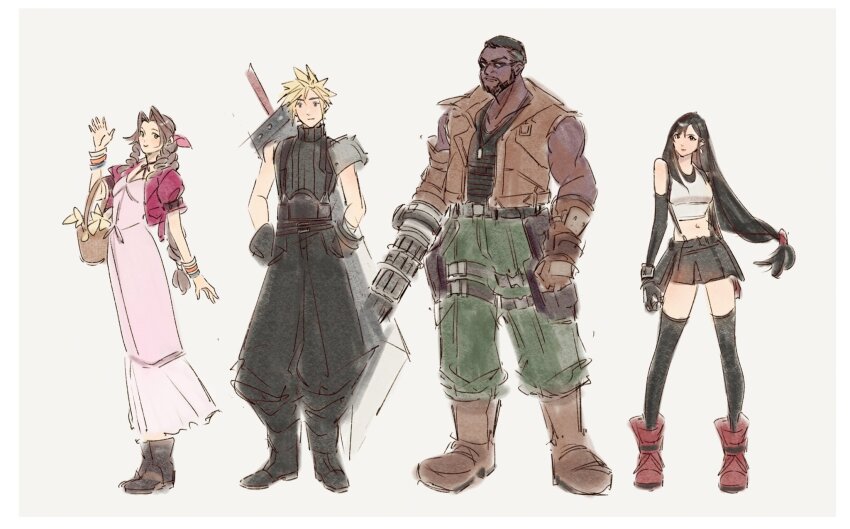 2boys 2girls aerith_gainsborough armor baggy_pants bangle bare_shoulders barret_wallace basket beard belt black_bra black_footwear black_gloves black_hair black_skirt black_tank_top black_thighhighs blonde_hair boots border bra bracelet braid braided_ponytail breasts brown_footwear brown_hair brown_vest buster_sword choker cloud_strife crop_top cropped_jacket dark-skinned_male dark_skin dog_tags dress earrings elbow_carry elbow_gloves facial_hair final_fantasy final_fantasy_vii final_fantasy_vii_rebirth final_fantasy_vii_remake flower flower_basket full_body gloves green_pants hair_between_eyes hair_ribbon hair_tie hand_up highres holding holding_basket holster jacket jewelry lily_(flower) long_dress long_hair low-tied_long_hair medium_breasts midriff miniskirt mmariesr multiple_belts multiple_boys multiple_girls pants parted_bangs pink_dress pink_ribbon pleated_skirt prosthetic_weapon puffy_short_sleeves puffy_sleeves red_footwear red_jacket ribbon ribbon_choker shirt short_hair short_sleeves shoulder_armor sidelocks single_bare_shoulder single_braid single_shoulder_pad single_sidelock skirt sleeveless sleeveless_shirt sleeveless_turtleneck spiked_hair sports_bra standing sunglasses suspenders tank_top thigh_holster thighhighs tifa_lockhart turtleneck underwear very_short_hair vest weapon weapon_on_back white_border white_shirt yellow_flower