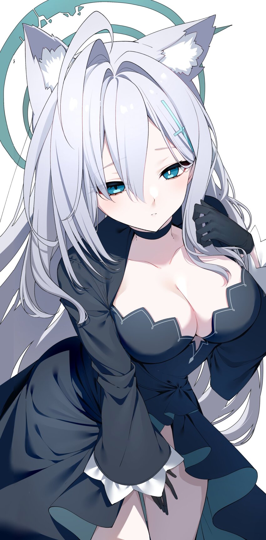 1girl absurdres ahoge animal_ear_fluff animal_ears black_choker black_dress black_gloves blue_archive blue_eyes blush breasts choker cleavage collarbone cross_hair_ornament darjeeling_(reley) dress extra_ears gloves grey_hair hair_between_eyes hair_ornament halo hand_up highres large_breasts leaning_forward long_hair long_sleeves looking_at_viewer mismatched_pupils parted_lips shiroko_(blue_archive) shiroko_terror_(blue_archive) simple_background solo white_background wolf_ears wolf_girl