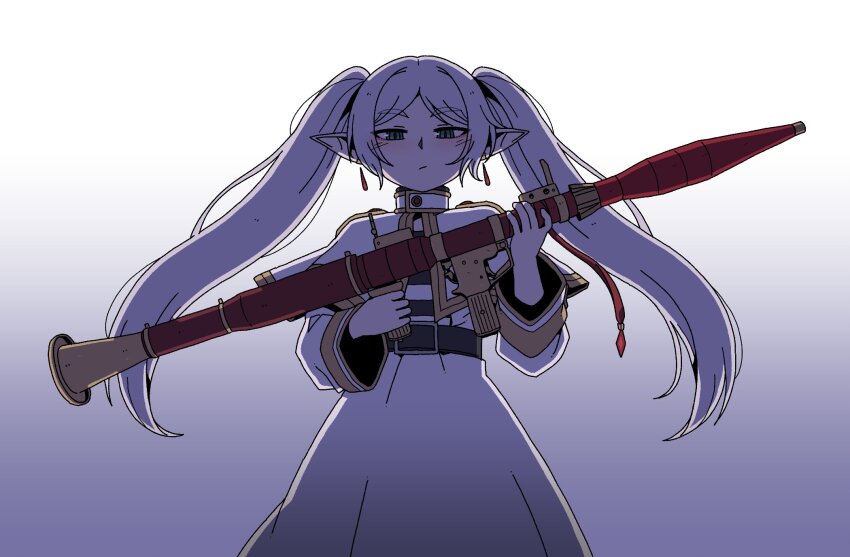 1girl :/ anachronism backlighting belt black_shirt capelet commentary cowboy_shot dress earrings elf english_commentary frieren gold_trim gradient_background green_eyes grey_background half-closed_eyes highres holding holding_weapon jewelry karepack long_pointy_ears long_sleeves pointy_ears rocket_launcher rpg rpg-7 rpg_(weapon) shirt simple_background solo sousou_no_frieren standing striped_clothes striped_shirt teardrop_earrings twintails weapon white_background white_capelet white_dress white_shirt