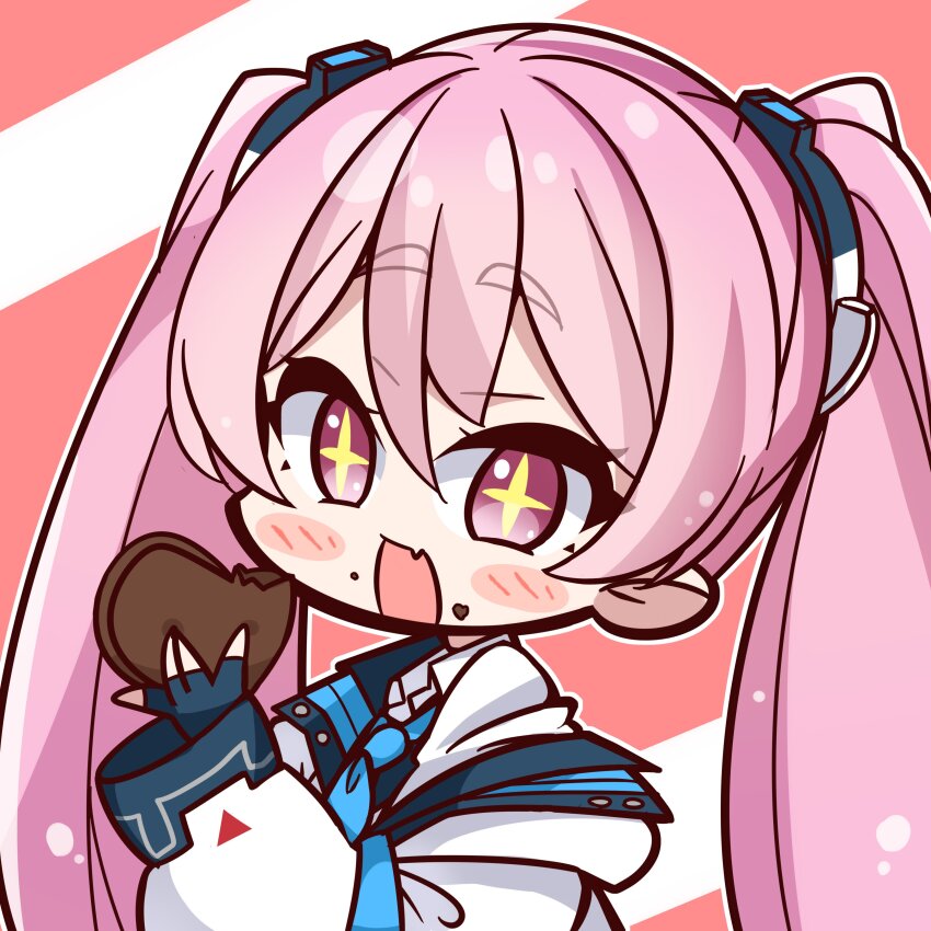 +_+ 1girl :d \||/ absurdres black_gloves blue_archive blue_necktie candy chibi chibi_only chocolate chocolate_heart collared_shirt fang fingerless_gloves food food_on_face gloves hair_between_eyes happy hashtag-only_commentary heart heart-shaped_food highres holding holding_food koyuki_(blue_archive) long_hair long_sleeves looking_at_viewer nckak9rjjdjff4e necktie open_mouth outline pink_background pink_eyes pink_hair school_uniform shirt simple_background skin_fang smile solo thick_eyebrows twintails upper_body very_long_hair white_outline white_shirt wide_sleeves