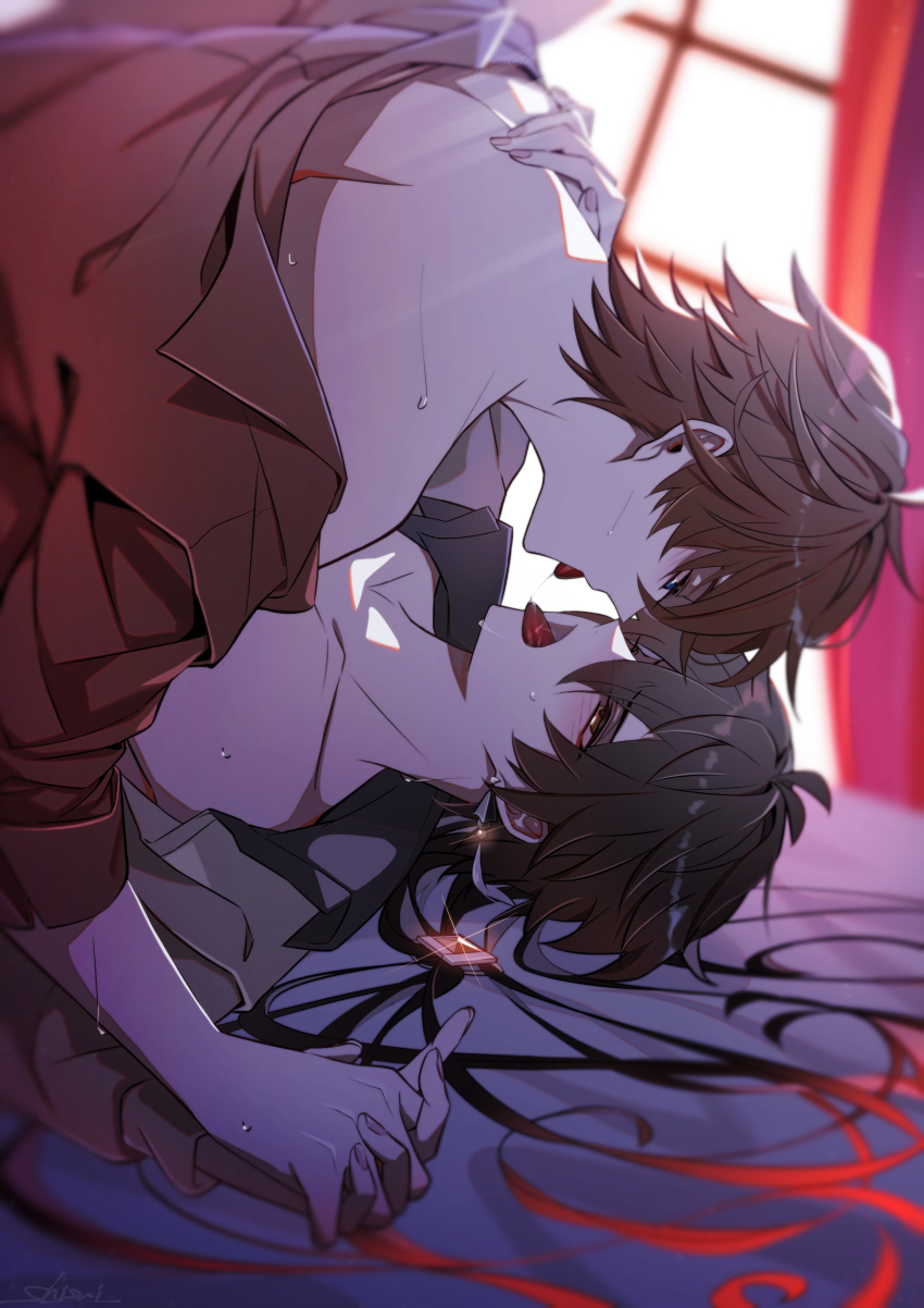 2boys absurdres bed black_hair zhongli_(genshin_impact) brown_hair couple earrings face-to-face genshin_impact gradient_hair hair_between_eyes highres jewelry long_hair multicolored_hair multiple_boys open_mouth orange_hair shisui53 short_hair single_earring tartaglia_(genshin_impact) tongue tongue_out yaoi zhongli_(genshin_impact)