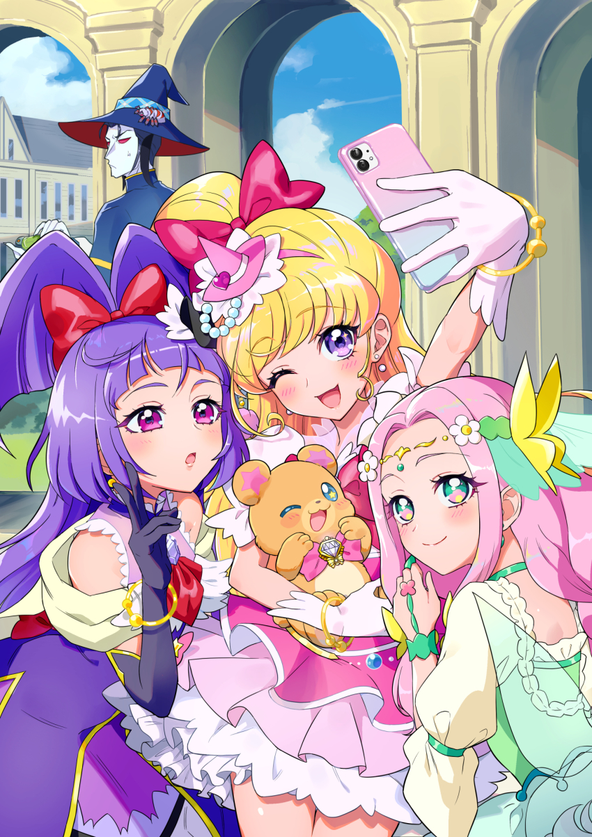1boy 1other 3girls asahina_mirai asdge23 batty_(mahou_girls_precure!) black_hat blonde_hair blush braid cellphone cure_felice cure_magical cure_miracle diamond-shaped_brooch diamond_brooch earrings elbow_gloves flower gloves green_eyes hair_flower hair_ornament hairband hanami_kotoha hat highres izayoi_liko jewelry long_hair magic_school_uniform_(mahou_girls_precure!) magical_girl mahou_girls_precure! mini_hat mini_witch_hat mofurun_(mahou_girls_precure!) multiple_girls open_mouth outdoors phone pink_hair pink_hat precure purple_eyes purple_hair school school_uniform smartphone smile star_(symbol) star_in_eye symbol_in_eye witch_hat
