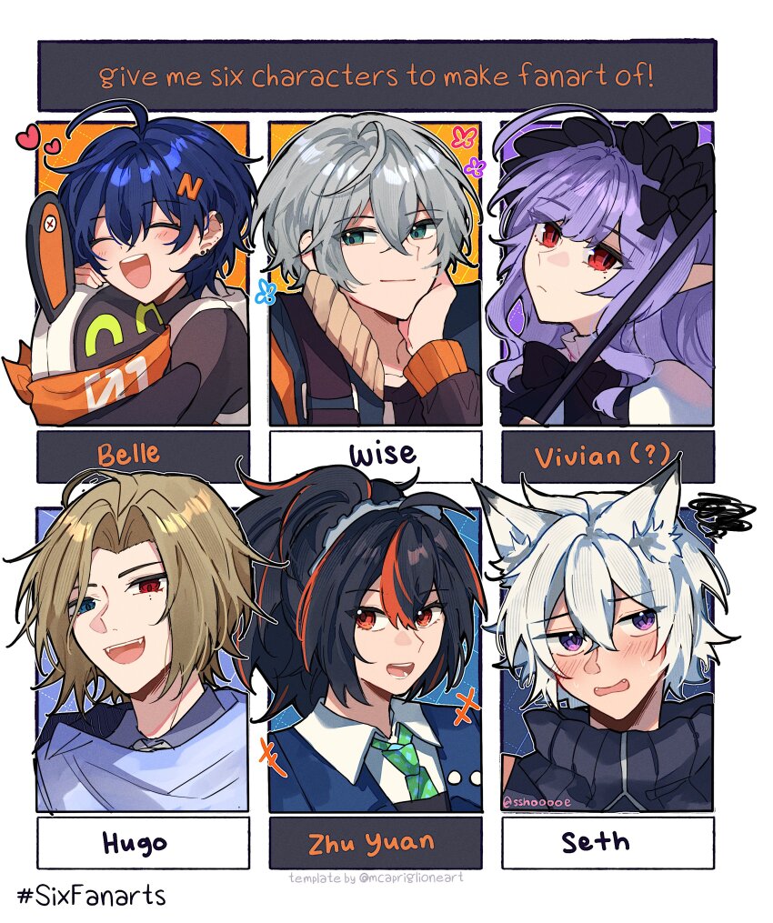 3boys 3girls ^_^ absurdres animal_ear_fluff belle_(zenless_zone_zero) blonde_hair blue_hair blush brother_and_sister cat_boy checkered_necktie closed_eyes eous_(zenless_zone_zero) fur-trimmed_jacket fur_trim green_eyes hair_ornament hairband heterochromia highres hugo_vlad jacket letter_hair_ornament long_hair metal_hairband mole mole_under_eye multicolored_hair multiple_boys multiple_girls necktie pointy_ears ponytail portrait purple_eyes purple_hair red_eyes red_streaks seth_lowell short_hair siblings smile sshooooe streaked_hair vivian_banshee white_hair wise_(zenless_zone_zero) zenless_zone_zero zhu_yuan