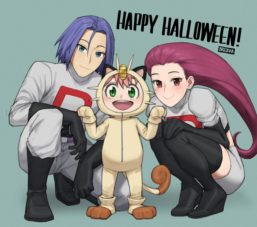 1boy 2girls anya_(spy_x_family) artist_name belt black_footwear blue_eyes breikka costume crop_top dress-up gen_1_pokemon green_eyes halloween halloween_costume happy_halloween james_(pokemon) jessie_(pokemon) meowth multiple_girls nintendo onesie pants pokemon pokemon_(anime) purple_belt purple_hair red_eyes shirt skirt spy_x_family twilight_(spy_x_family) white_pants white_shirt white_skirt yor_briar