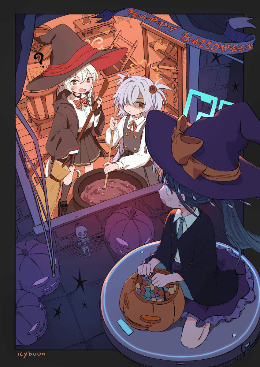 3girls ? absurdres alternate_costume aris_(blue_archive) artist_name black_border black_dress black_hair black_jacket black_skirt black_socks blue_archive blue_eyes blue_halo border broom brown_eyes candy cauldron commentary_request dofus_(icyboon) dress eri_(blue_archive) food grey_hair hair_ornament hair_over_one_eye halloween halloween_bucket halo happy_halloween hat highres holding holding_broom jack-o&#039;-lantern jacket kanoe_(blue_archive) kneehighs long_hair long_sleeves looking_at_another multiple_girls night open_window orange_eyes orange_halo outside_border partially_shaded_face pinafore_dress pleated_skirt puffy_long_sleeves puffy_sleeves purple_hat purple_skirt red_ribbon ribbon robotic_vacuum_cleaner scar scar_on_neck school_uniform seiza shirt sitting skeleton skirt sleeveless sleeveless_dress socks sphere_hair_ornament standing star_(symbol) stirring stirring_rod very_long_hair white_hair white_shirt wide_sleeves window witch witch_hat yellow_halo