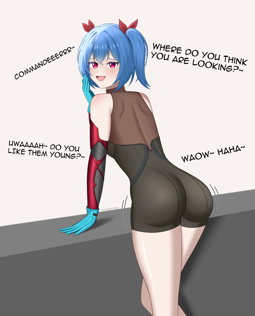 1girl absurdres alternate_costume ass ass_focus bare_shoulders blue_hair blush colphne_(girls&#039;_frontline_2) come_hither elbow_gloves from_behind girls&#039;_frontline girls&#039;_frontline_2:_exilium gloves hair_ribbon highres jiggle leaning leaning_forward long_hair looking_at_viewer looking_back naughty_face open_mouth red_eyes ribbon smile solo twintails undercoder unitard