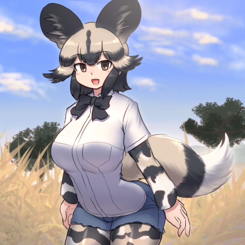 1girl african_wild_dog_(kemono_friends) animal_ears animal_print black_hair blush bow bowtie breasts curvy day denim denim_shorts dog_ears dog_tail gloves grass grasslands highres kemono_friends large_breasts long_sleeves mo23 multicolored_hair open_mouth outdoors savannah shirt short_hair short_sleeves shorts sky smile tail tree
