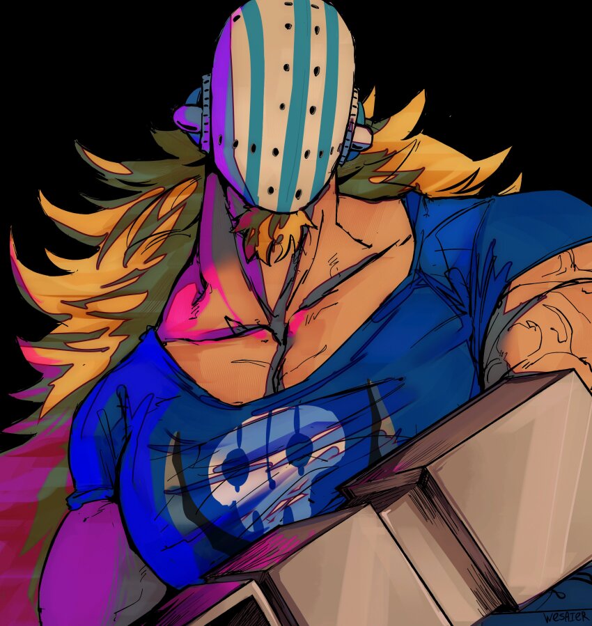 1boy absurdres bara blonde_hair facial_hair facial_hair_through_mask goatee head_tilt highres hockey_mask holding holding_weapon killer_(one_piece) large_pectorals long_hair male_focus mask muscular muscular_male one_piece pectoral_cleavage pectorals purple_light shirt sidelighting solo t-shirt upper_body veins veiny_arms weapon wesaier