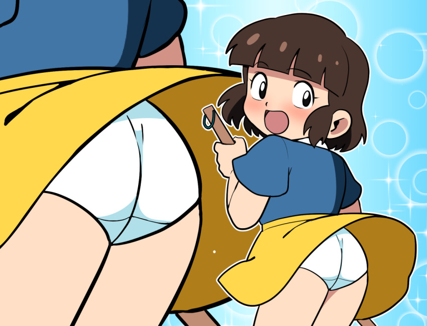 1girl ass black_eyes blue_background blue_shirt blush broom brown_hair bubble_background from_behind holding holding_broom loli looking_at_viewer looking_back multiple_views open_mouth original panties shirt short_hair skirt sparkle sparkle_background standing surprised underwear white_panties wind wind_lift yellow_skirt yume_yoroi