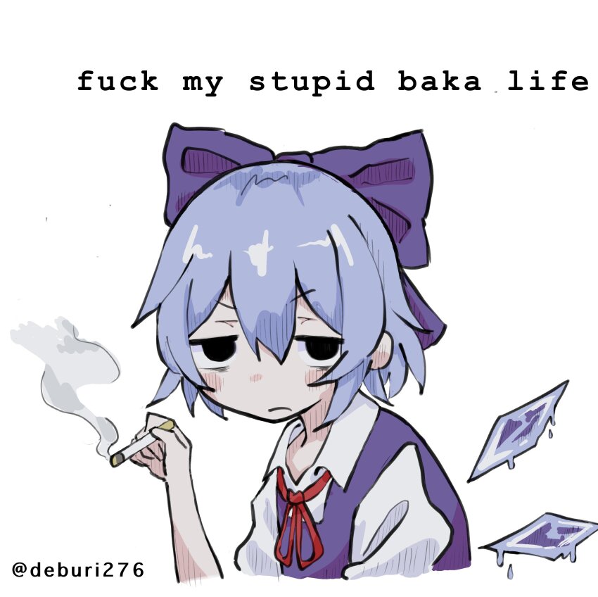 1girl absurdres blouse blue_bow blue_hair bow cigarette cirno collared_shirt commentary deburi276 double-parted_bangs dress english_commentary hair_between_eyes hair_bow half-closed_eyes highres holding holding_cigarette icicle looking_at_viewer neck_ribbon pinafore_dress ribbon romaji_text shirt simple_background sleeveless sleeveless_dress smoke solo touhou upper_body white_background white_shirt