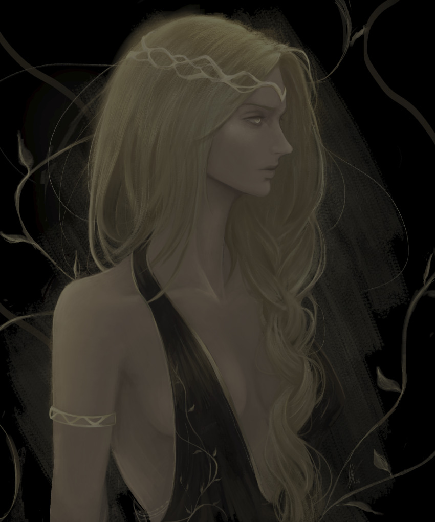 1girl 1oneas armlet black_background black_dress blonde_hair braid breasts circlet dress elden_ring embroidery gold_circlet gold_trim golden_armlet hair_over_breasts hair_over_one_breast highres jewelry long_braid long_hair looking_to_the_side mature_female medium_breasts one_breast_out queen_marika_the_eternal toga yellow_eyes
