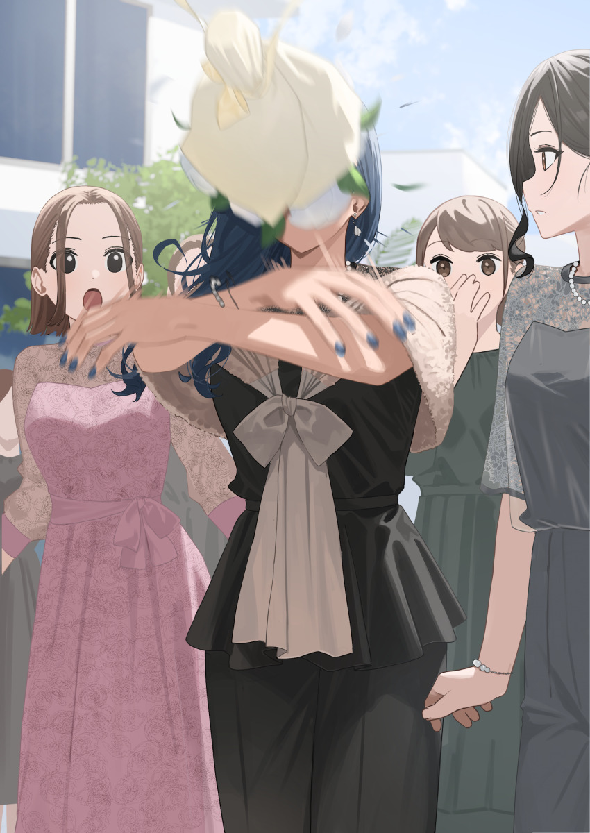 4girls black_dress blue_nails bouquet bouquet_toss bracelet breasts brown_hair commentary dress earrings flower flower_on_face grey_dress hand_on_own_face hara_kenshi highres jewelry kimishima_touka lace_dress long_hair medium_breasts medium_hair multiple_girls open_mouth original outdoors pearl_bracelet pink_dress