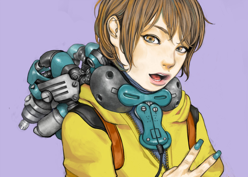1girl blue_eyes blue_nails brown_background fingernails hair_behind_ear highres hood hood_down hoodie junjunforever light_brown_hair lips long_fingernails multicolored_eyes nail_polish open_mouth orange_eyes original portrait purple_background science_fiction short_hair solo swept_bangs turtleneck v