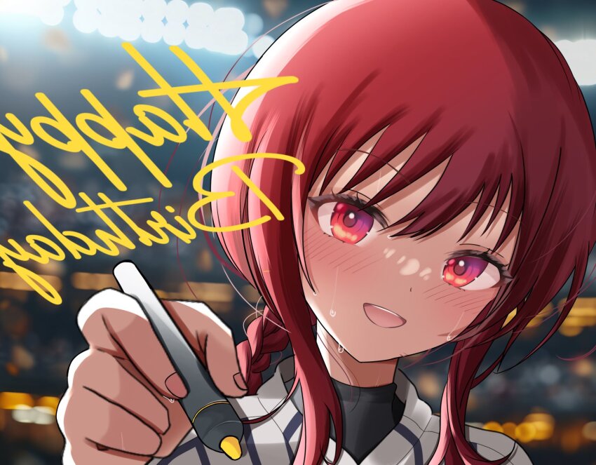 1girl :d black_shirt blurry blurry_background blush bokeh character_request commentary copyright_request depth_of_field drawing_on_fourth_wall english_commentary happy_birthday highres holding holding_marker long_hair low-braided_long_hair low-tied_long_hair marker mirrored_text nana_nagi open_mouth portrait red_eyes red_hair shirt sidelocks smile solo sweat teeth upper_teeth_only