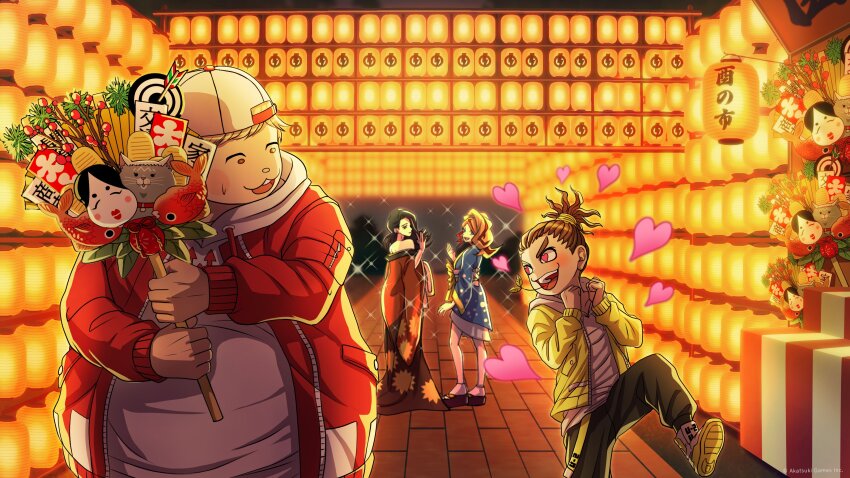 2boys 2girls :3 absurdres artist_request backwards_hat baseball_cap black_hair black_pants blonde_hair blue_kimono blush brown_hair copyright_notice daimon_manami drawstring dreadlocks fat fat_man hat heart heart-shaped_eyes highres holding hood hoodie jacket japanese_clothes kimono lantern medium_hair mita_santarou mouth_hold multicolored_hair multiple_boys multiple_girls obi official_art open_clothes open_jacket outdoors pants red_jacket red_kimono sash shoes short_hair smile sparkle stalk_in_mouth streaked_hair teeth thick_eyebrows tribe_nine updo white_hoodie yellow_jacket yellow_shoes