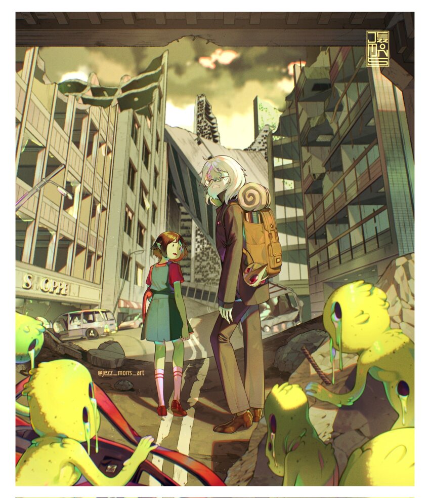 1boy 1girl adventure_time backpack bag beard black_hair black_jacket black_pants blue_dress child corrupted_twitter_file crown dress ellie_(the_last_of_us) facial_hair glasses highres ice_king jacket jezz_mons_art joel_(the_last_of_us) marceline_abadeer monster outdoors pants pink_shirt pointy_ears shirt short_hair simon_petrikov the_last_of_us the_last_of_us_(series) twitter_username vampire white_hair