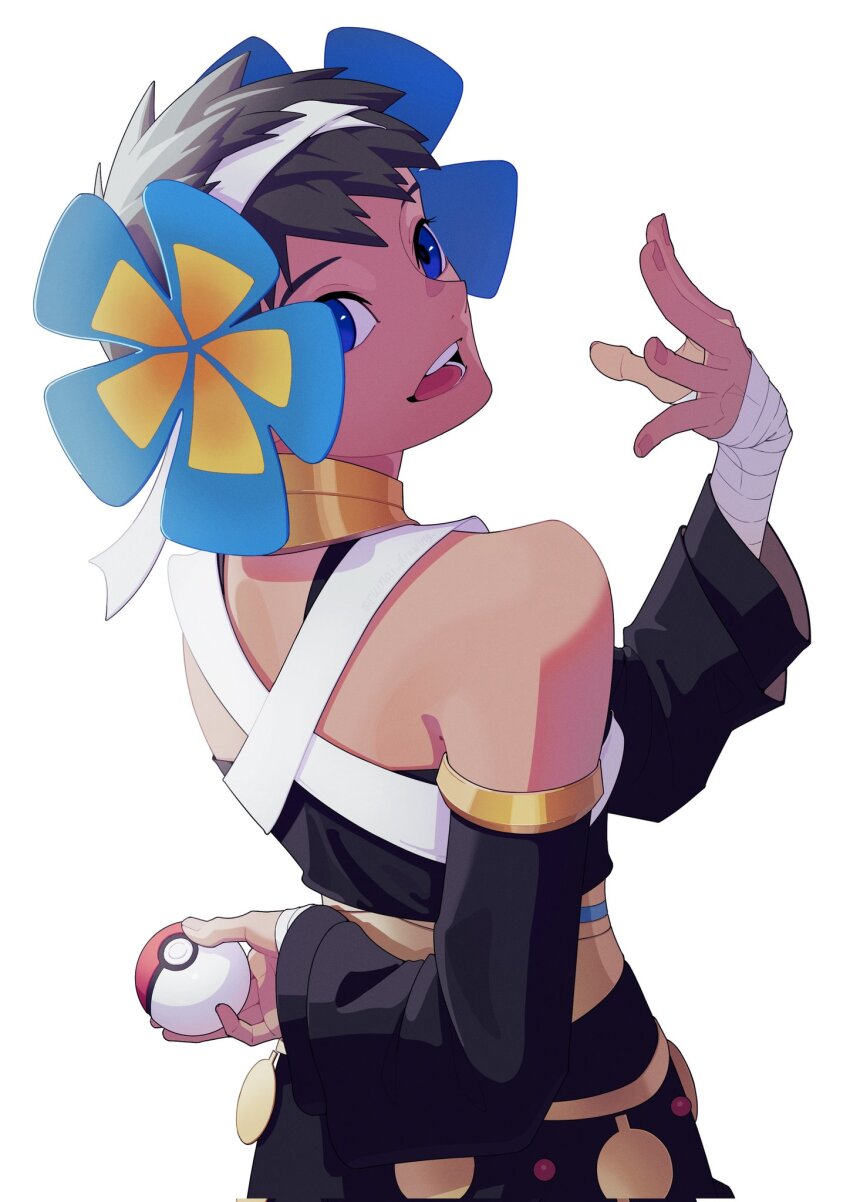 1girl arm_behind_back arm_wrap blue_eyes commentary_request dark-skinned_female dark_skin detached_sleeves from_behind highres holding holding_poke_ball looking_at_viewer looking_back nintendo official_alternate_costume open_mouth phoebe_(fall_2023)_(pokemon) phoebe_(pokemon) poke_ball poke_ball_(basic) pokemon pokemon_masters_ex ruinai short_hair simple_background smile solo upper_body white_background