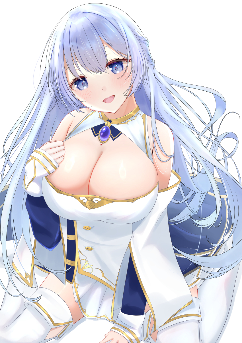 1girl :d absurdres arm_support azur_lane blue_cape blue_eyes blue_gemstone blue_hair braid breasts brooch buttons cape cleavage collared_dress detached_sleeves dot_nose dress floating_hair from_above gem gold_trim hair_between_eyes hair_intakes half_updo hand_on_own_chest head_tilt highres jewelry large_breasts light_blue_hair light_blush long_hair looking_at_viewer open_mouth rodney_(azur_lane) short_dress simple_background sitting sleeve_cuffs sleeveless sleeveless_dress smile thighhighs tsuri_pi wariza white_background white_dress white_thighhighs