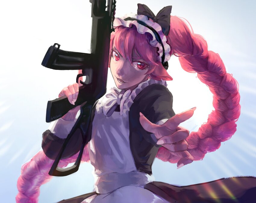 1boy animal_ears animification apron black_bow black_dress black_hairband bow bowtie braid braided_ponytail commentary crossdressing crossdressing_(mtf) draw_this_in_your_style_challenge dress english_commentary frilled_hairband frills gun hair_bow hairband highres holding holding_gun holding_weapon humanization long_hair long_sleeves maid male_focus male_maid meme minecraft_youtube open_mouth pig_boy pig_ears pink_hair pointing pointing_at_viewer red_eyes single_braid smile solo technoblade technomaid_(meme) tk_(tortoigeois) trap very_long_hair weapon white_apron white_bow white_bowtie
