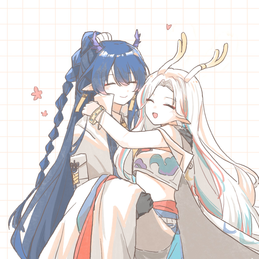 2girls :d =_= ^_^ a_deer_of_nine_colors animal_ears antlers aqua_hair arknights arm_around_neck bandeau blue_hair bracelet braid carrying carrying_person chinese_commentary closed_eyes closed_mouth coat collared_coat commentary_request deer_ears deer_girl dragon_girl dragon_horns earrings grid grid_background hand_on_another&#039;s_shoulder happy heart high_collar highres horns jewelry light_blush ling_(arknights) long_hair long_skirt multicolored_hair multiple_girls nine-colored_deer open_mouth pointy_ears princess_carry purple_horns red_hair shang_ge_promax skirt smile streaked_hair very_long_hair white_background white_bandeau white_coat white_hair white_skirt yuri