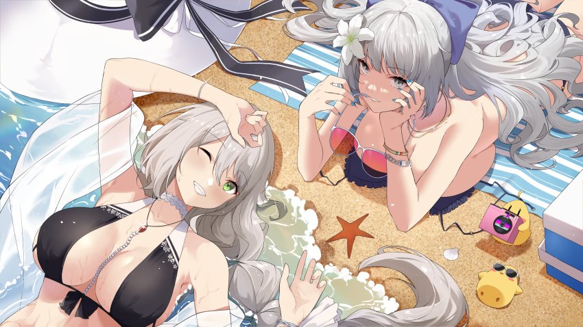 2girls absurdres aquila_(azur_lane) aquila_(sardegnian_shallows_and_sunshine)_(azur_lane) azur_lane beach bikini black_bikini braid breasts cleavage green_eyes grey_eyes grey_hair grin hair_spread_out highres holding holding_removed_eyewear large_breasts long_hair looking_at_viewer lying manjuu_(azur_lane) multiple_girls mush_(mushlicious) ocean on_back on_stomach one_eye_closed single_braid smile sunglasses swimsuit unworn_eyewear vittorio_veneto_(azur_lane) vittorio_veneto_(the_flower_of_la_spezia)_(azur_lane)