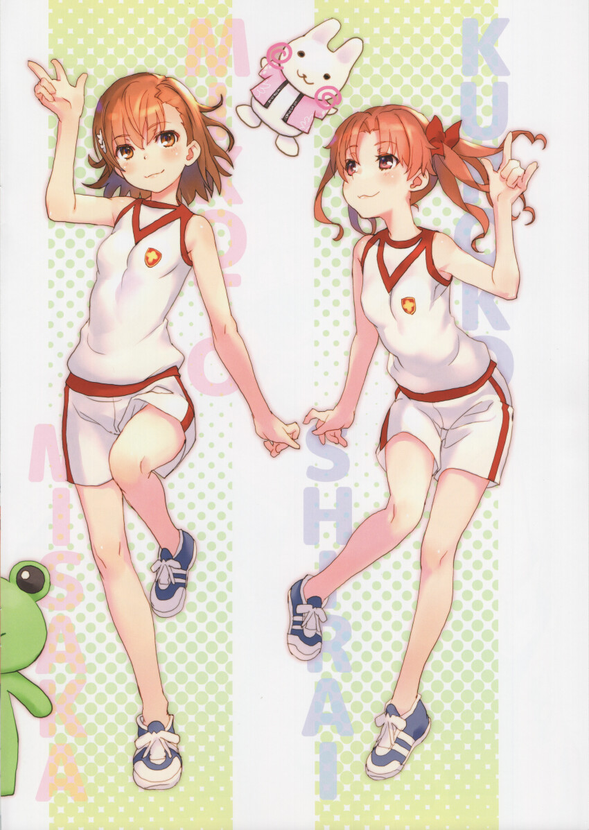 2girls :3 absurdres asymmetrical_bangs bare_arms bare_legs bare_shoulders blue_footwear bow breasts character_name closed_mouth crest dot_nose flower frog full_body green_background grey_background hair_bow hair_flower hair_ornament hand_up highres knees leg_up light_blush medium_hair misaka_mikoto multiple_girls orange_eyes orange_hair parted_bangs polka_dot polka_dot_background rabbit raika9 red_bow shirai_kuroko shirt shoes shorts sleeveless sleeveless_shirt small_breasts smile sneakers striped_background third-party_source tight_clothes tight_shirt toaru_kagaku_no_railgun toaru_majutsu_no_index tokiwadai_school_gym_uniform twintails two-tone_background wavy_hair white_flower white_shirt white_shorts