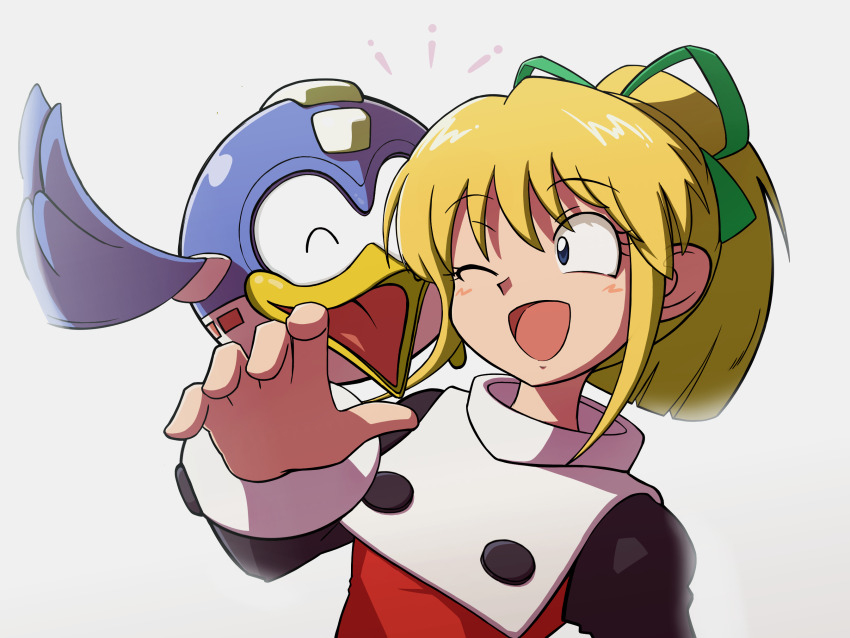 1girl beak beat_(mega_man) bird blonde_hair blue_eyes dress hair_ribbon high_ponytail highres long_hair mega_man_(classic) mega_man_(series) non-humanoid_robot one_eye_closed open_mouth ponytail red_dress ribbon robot robot_animal roll_(mega_man) simple_background tukitosupponc upper_body white_background