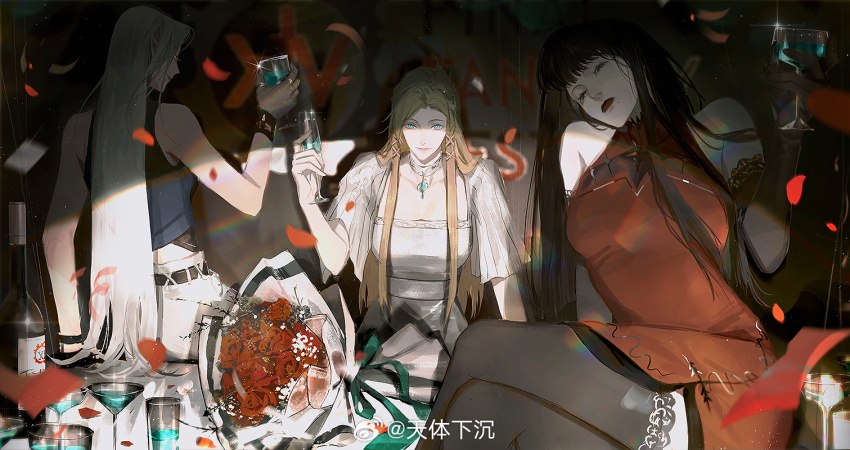 3girls against_table alternate_costume arm_support bare_arms bare_shoulders belt black_background black_eyes black_gloves black_hair black_thighhighs blonde_hair blue_eyes blue_shirt blurry blurry_background bottle bouquet bracelet china_dress chinese_clothes chinese_commentary choker cocktail_glass collarbone collared_dress commentary_request confetti contemporary crop_top crossed_legs cup dress drinking_glass elbow_gloves elezen elf expressionless falling_petals final_fantasy final_fantasy_xiv flower glint gloves hair_ornament halterneck hand_up head_tilt holding holding_cup hyur jewelry lace lace-trimmed_gloves lace-trimmed_thighhighs lace_trim lips logo long_hair looking_at_viewer looking_back minfilia_warde mole mole_under_mouth multiple_girls nose pants party pendant_choker petals pointy_ears red_dress red_flower red_lips red_rose ring rose shirt sitting sleeveless sleeveless_dress sleeveless_shirt smile straight_hair table thighhighs tian_ti_xiachen upper_body watermark weibo_watermark white_choker white_hair white_pants wine_bottle wine_glass wristband x_hair_ornament yotsuyu_goe_brutus ysayle_dangoulain
